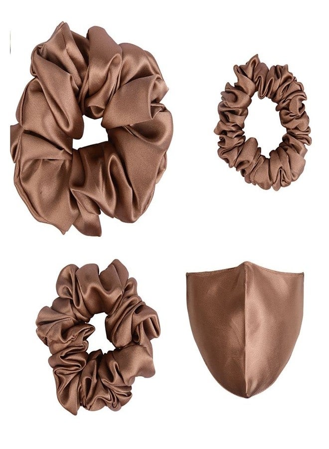ARENDELLE Pack of 3 Bronze Satin Scrunchies in Skinny, Medium and Large Size with Matching Mask[ASC012] - Image 1