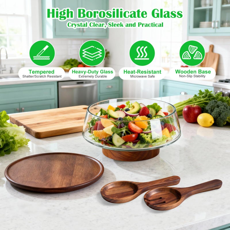Airsent Extra Large Glass Salad Bowl with Lid Set, 5-Qt (160 fl oz) Mixing/Serving Bowl with Wood Base & Salad Servers, Trifle Bowl for Kitchen, Parties & Christmas - Image 3