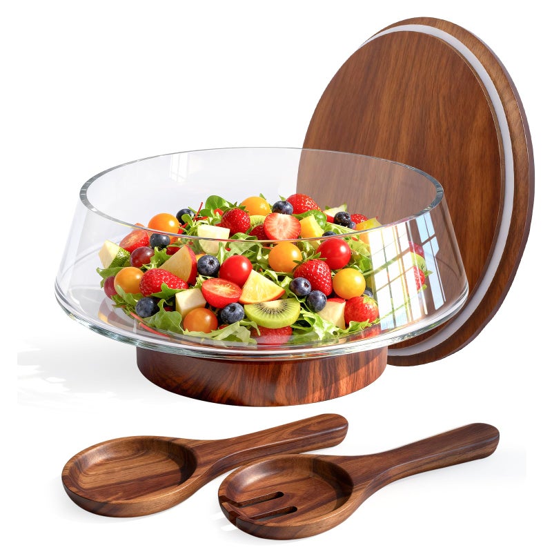 Airsent Extra Large Glass Salad Bowl with Lid Set, 5-Qt (160 fl oz) Mixing/Serving Bowl with Wood Base & Salad Servers, Trifle Bowl for Kitchen, Parties & Christmas - Image 1