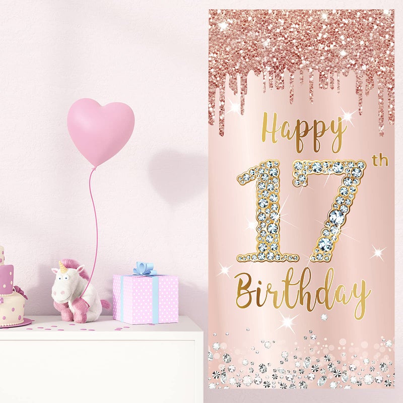 Excelloon Happy 17th Birthday Door Banner Decorations for Girls, Pink Rose Gold 17 Birthday Door Cover Backdrop Party Supplies, Large Seventeen Year Old Birthday Poster Sign Decor - Image 4