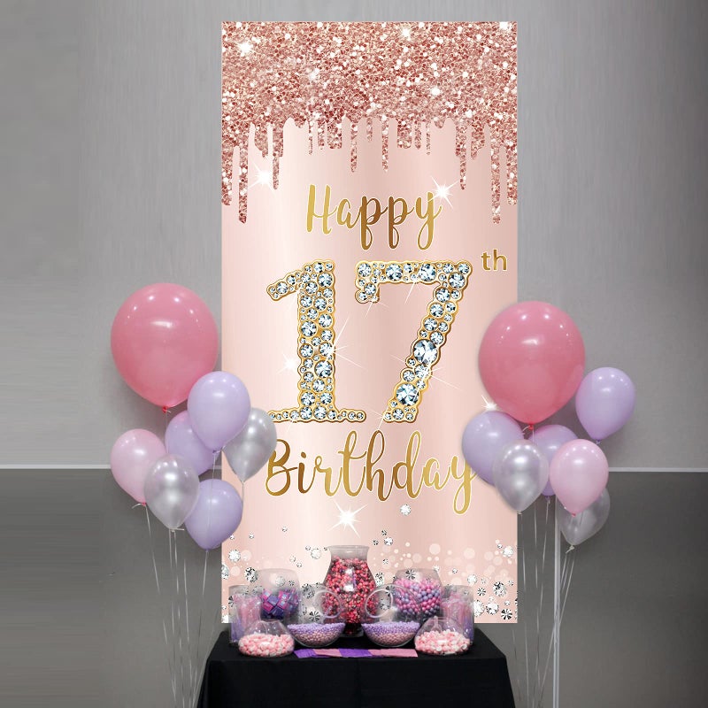 Excelloon Happy 17th Birthday Door Banner Decorations for Girls, Pink Rose Gold 17 Birthday Door Cover Backdrop Party Supplies, Large Seventeen Year Old Birthday Poster Sign Decor - Image 5