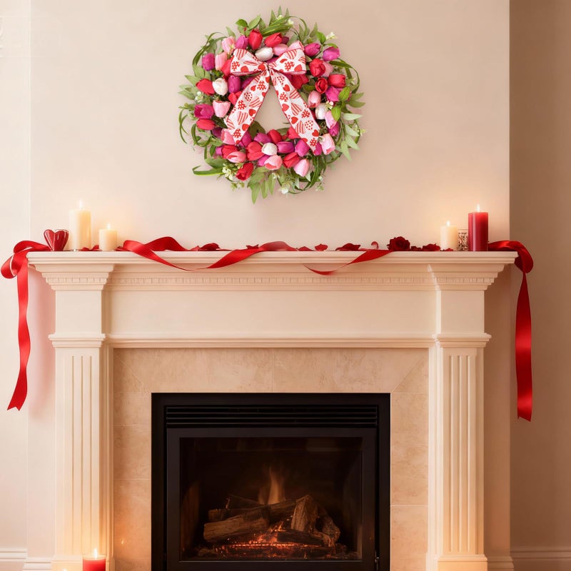 Bibelot 20 Inch Valentines Day Tulip Wreath, Pink White Tulip Floral Valentine Door Wreath, Valentine's Spring Wreaths for Wedding Festival Decorations - Image 2