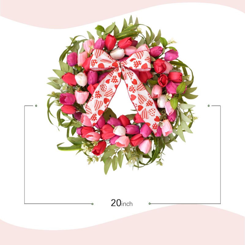 Bibelot 20 Inch Valentines Day Tulip Wreath, Pink White Tulip Floral Valentine Door Wreath, Valentine's Spring Wreaths for Wedding Festival Decorations - Image 4