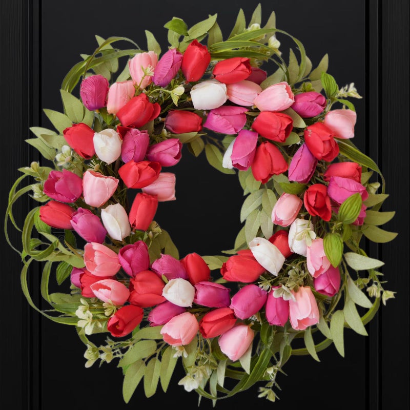 Bibelot 20 Inch Valentines Day Tulip Wreath, Pink White Tulip Floral Valentine Door Wreath, Valentine's Spring Wreaths for Wedding Festival Decorations - Image 1