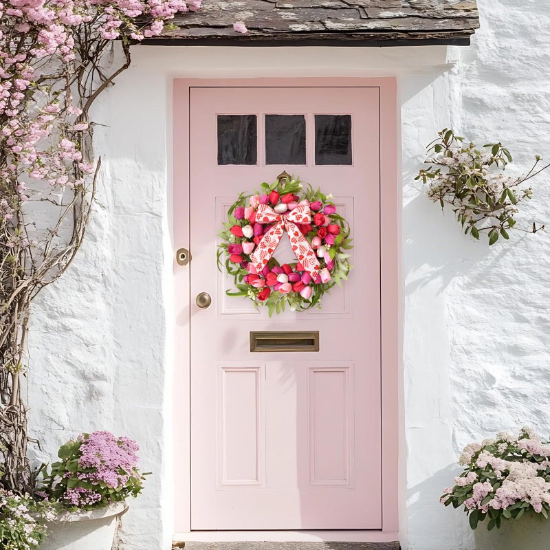 Bibelot 20 Inch Valentines Day Tulip Wreath, Pink White Tulip Floral Valentine Door Wreath, Valentine's Spring Wreaths for Wedding Festival Decorations - Image 5