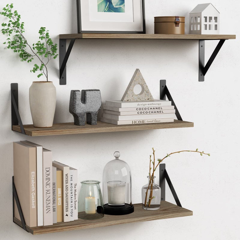 Forbena Wood Floating Shelves Set of 3 24 inches Long Large Bathroom Wall Shelves Wall Mounted Storage Shelf for Bathroom Bedroom Living Room Kitchen Closet Natural Wood