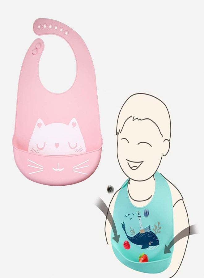GUCHIGU Waterproof Silicone Baby Bib for Feeding Babies and Toddlers, Cute Cartoon Printing Unisex Set of 1 Silicon Baby Bibs Rice Pocket (Cat Design, Pink) - Image 3