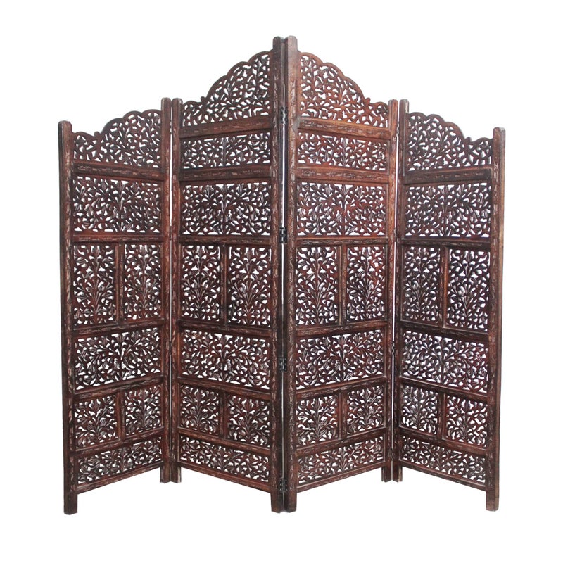 Cotton Craft Room Divider Wood Screen  Mahanadi Antique Brown  4 Panel Folding 72x80  Wooden Hand Carved Screen Decorative Functional Versatile  Small Spaces Reversible Privacy Partition  COTTON CRAFT