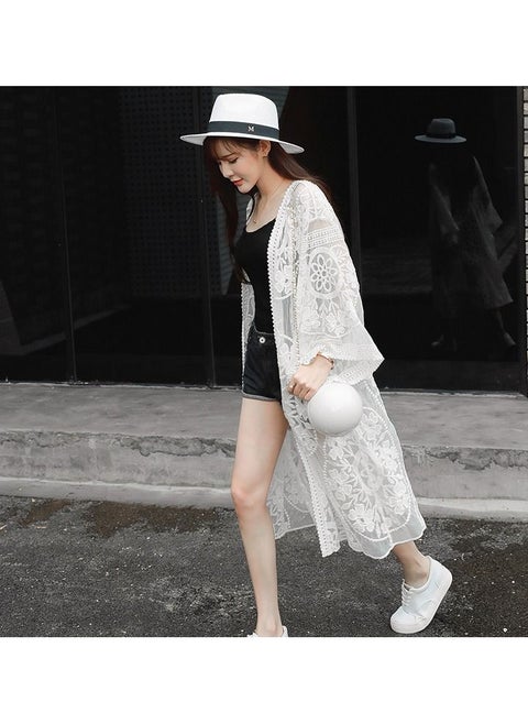 Fashionable Lace Mesh Embroidery Beach Sunscreen Cover Up White