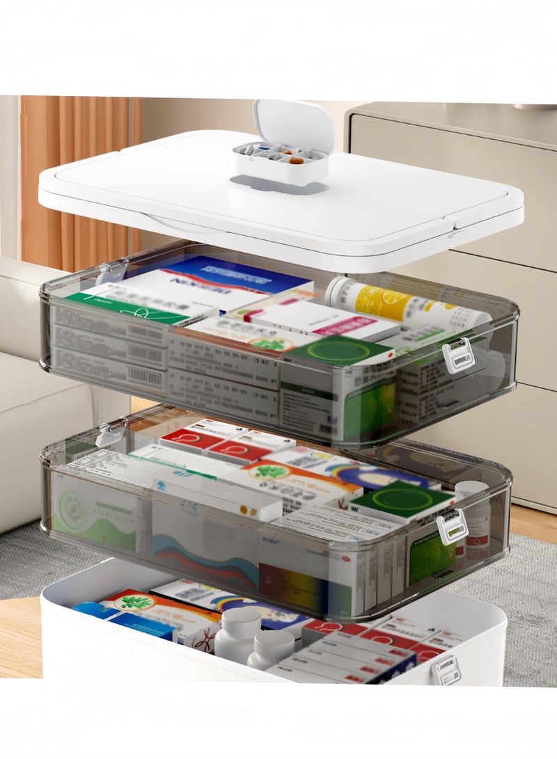 Medicine Box Plastic 3-Tier Medicine Storage Box Family Emergency Kit Medical Kit Home First Aid Box Child Proof Medicine Box Organizer Pill Case with Compartments and Handle - Image 2