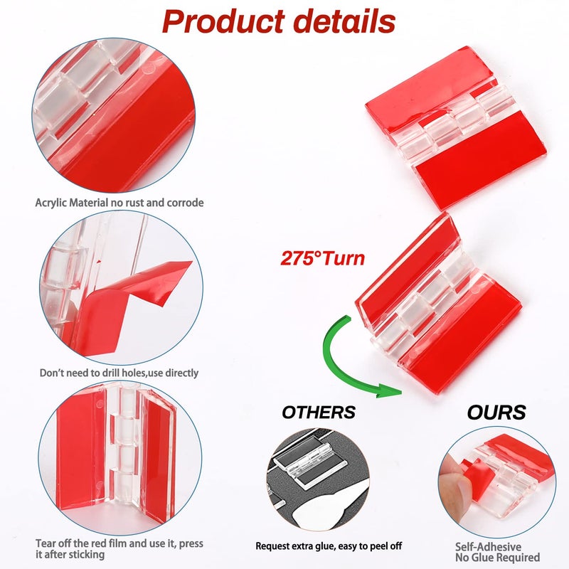 Sliverdew 12 Pcs Acrylic Small Hinges - Self Adhesive Clear Plastic Transparent Continuous Hinge Tools for Cabinet Drawer Furniture DIY Display Stand 35x25 mm - Image 3