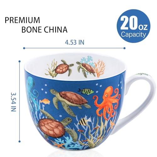 MFoffice Summer Ocean Wonders Hug Mug - 20oz Deep Blue Bone China Coffee Mug with Sea Turtle, Octopus and Tropical Fish, Marine Life Themed Gift for Ocean Lovers, Designed in England by Harvest Green Studio - Image 2