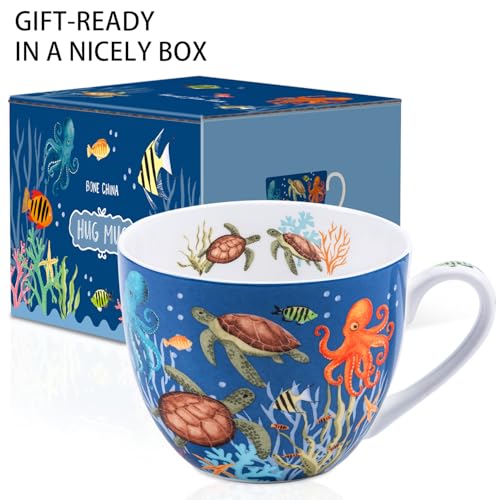 MFoffice Summer Ocean Wonders Hug Mug - 20oz Deep Blue Bone China Coffee Mug with Sea Turtle, Octopus and Tropical Fish, Marine Life Themed Gift for Ocean Lovers, Designed in England by Harvest Green Studio - Image 3