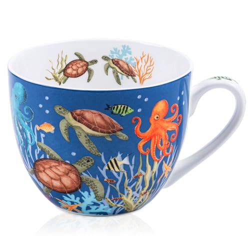 MFoffice Summer Ocean Wonders Hug Mug - 20oz Deep Blue Bone China Coffee Mug with Sea Turtle, Octopus and Tropical Fish, Marine Life Themed Gift for Ocean Lovers, Designed in England by Harvest Green Studio - Image 1