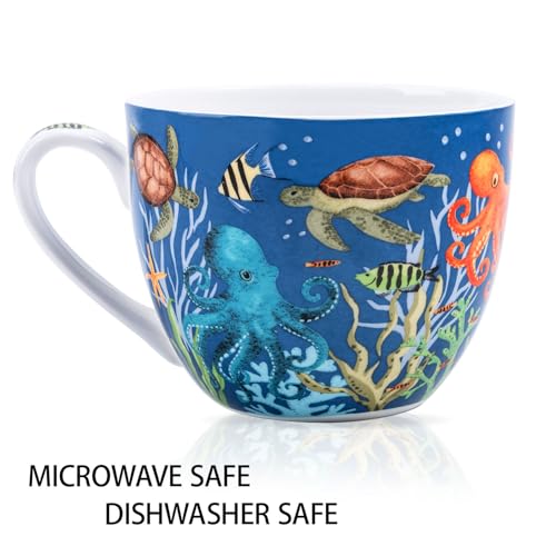 MFoffice Summer Ocean Wonders Hug Mug - 20oz Deep Blue Bone China Coffee Mug with Sea Turtle, Octopus and Tropical Fish, Marine Life Themed Gift for Ocean Lovers, Designed in England by Harvest Green Studio - Image 4
