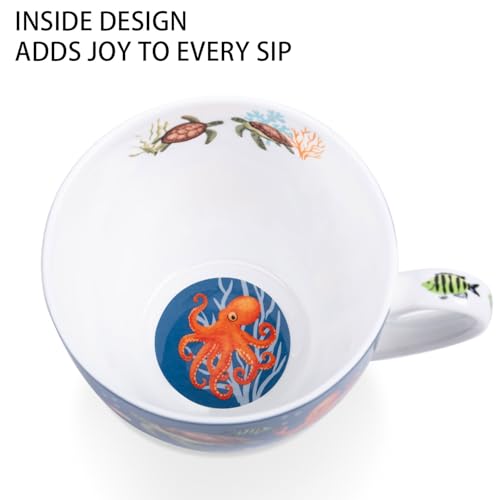 MFoffice Summer Ocean Wonders Hug Mug - 20oz Deep Blue Bone China Coffee Mug with Sea Turtle, Octopus and Tropical Fish, Marine Life Themed Gift for Ocean Lovers, Designed in England by Harvest Green Studio - Image 5