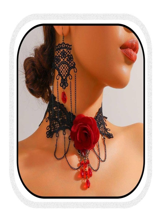 CLOACE Halloween Choker Necklace Flower Gothic Necklaces Earring Costume Jewelry for Women (Red) - Image 1