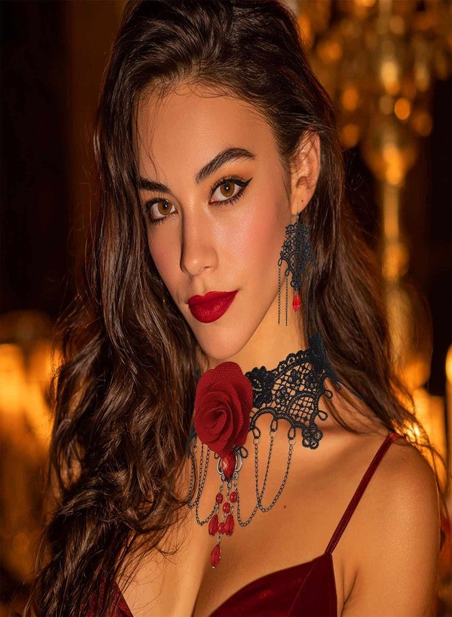 CLOACE Halloween Choker Necklace Flower Gothic Necklaces Earring Costume Jewelry for Women (Red) - Image 3