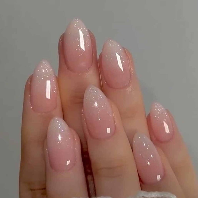 Foccna Pink Press on Nails Short, Luxury Fake Nails Amlond Acrylic False Bling Gradient Nails, Artificial Nails for Women and Girls,24pcs - Image 1