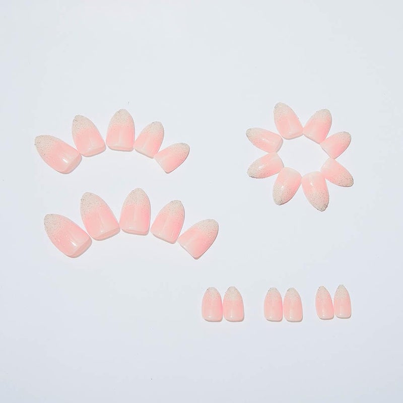 Foccna Pink Press on Nails Short, Luxury Fake Nails Amlond Acrylic False Bling Gradient Nails, Artificial Nails for Women and Girls,24pcs - Image 2