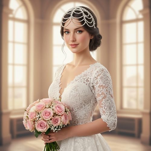 Neyauo 1920s Pearl Headpiece White Pearl Cap Headpiece Roaring 20s Headbands for Women Pearls Beaded Cap Head Piece Head Chain Hair Accessories, for Wedding Bridal Cosplay Halloween Art Decor Party - Image 3
