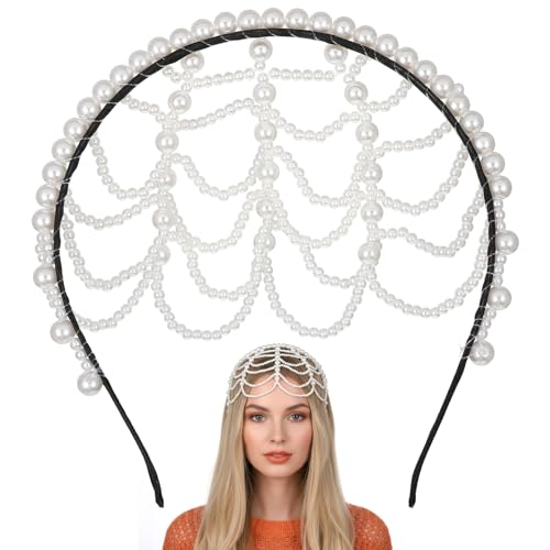 Neyauo 1920s Pearl Headpiece White Pearl Cap Headpiece Roaring 20s Headbands for Women Pearls Beaded Cap Head Piece Head Chain Hair Accessories, for Wedding Bridal Cosplay Halloween Art Decor Party - Image 1