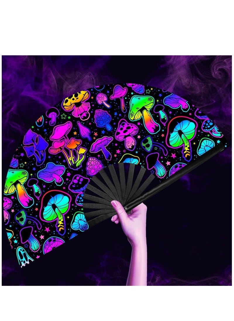 Generic Wooden Folding Fan UV Glow Rave Foldable Fan Mushroom Pattern Wooden Foldable Fan Chinese Vintage Bamboo Silk Fans for Party Wedding Dancing Decoration Gift Performance Baby Shower  - Image 1