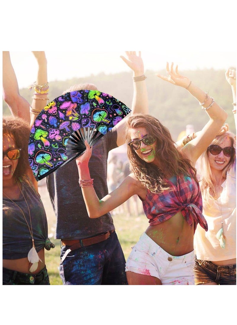 Generic Wooden Folding Fan UV Glow Rave Foldable Fan Mushroom Pattern Wooden Foldable Fan Chinese Vintage Bamboo Silk Fans for Party Wedding Dancing Decoration Gift Performance Baby Shower  - Image 3