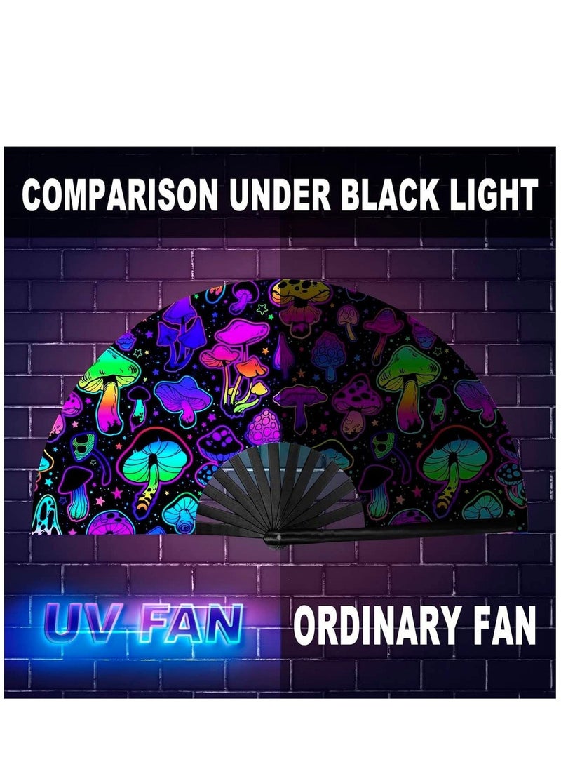 Generic Wooden Folding Fan UV Glow Rave Foldable Fan Mushroom Pattern Wooden Foldable Fan Chinese Vintage Bamboo Silk Fans for Party Wedding Dancing Decoration Gift Performance Baby Shower  - Image 4