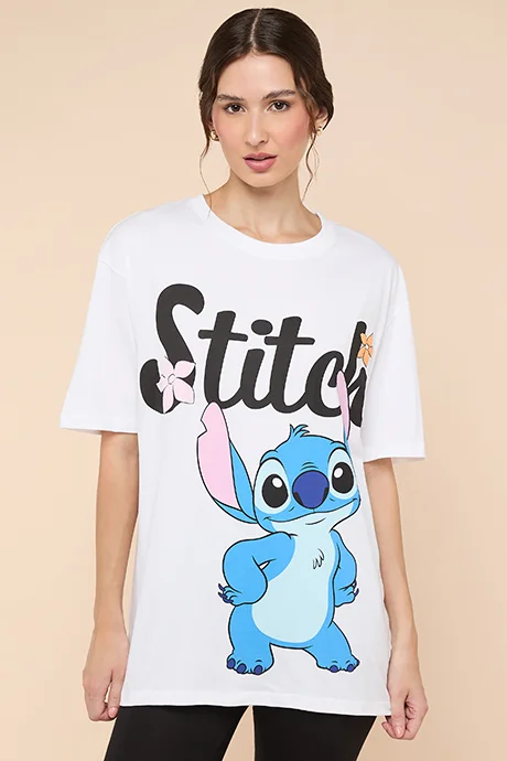 أر أند بي Stitch Print T-Shirt with Crew Neck and Short Sleeves