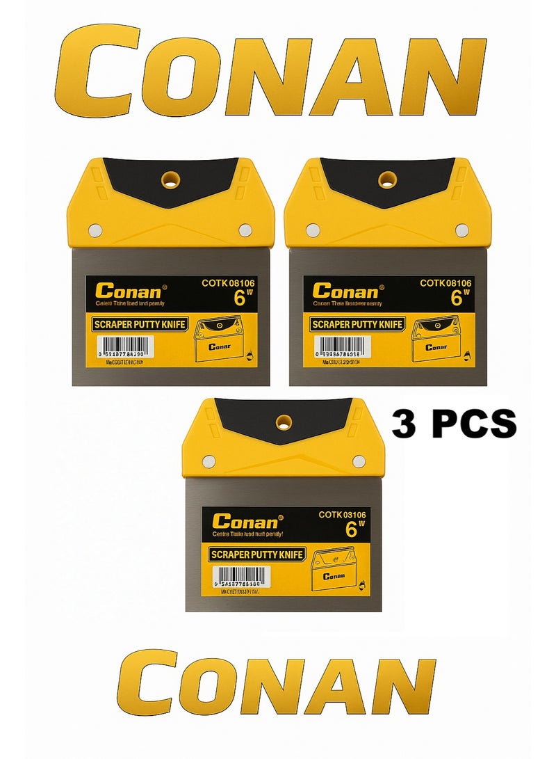 Conan Set of 3 CONAN Putty Scraper Knives – Model COTK08106 – 6" Stainless Steel Blades with Ergonomic Handles - Image 1