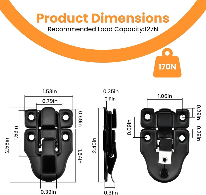 UBANU Toggle Hasp Latches Hardware with Hardening Screws, 2 Pack Black Classical Duckbilled Tool Box Buckle Latch Locks Replacement for Cabinet, Guitar Case, Chest, Jewelry Box, Ordinary Wooden Box - Image 2