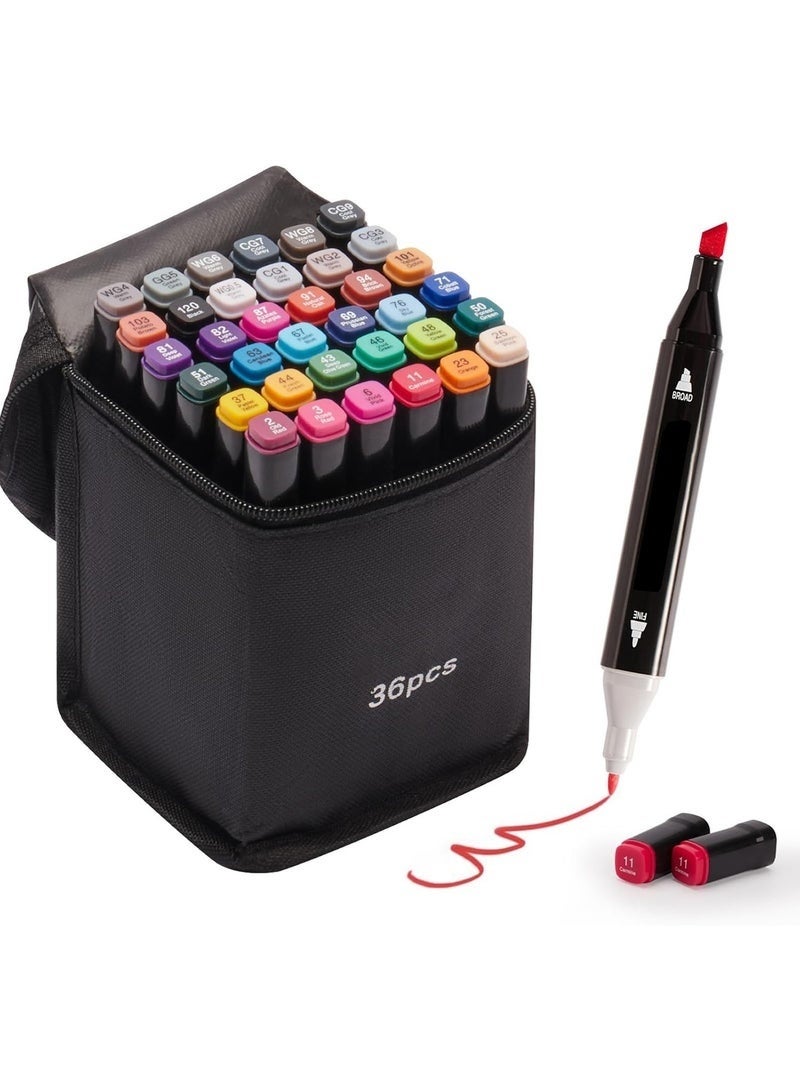 36 Colors Dual Tip Alcohol Markers Set – Professional Art Drawing and Coloring Pens with Fine and Chisel Tips for Sketching Shading Anime Manga Illustration and Fashion Design – Fast Drying Blendable Colored Markers with Carrying Case for Kids Adults Artists Students and Creative Projects - Image 1
