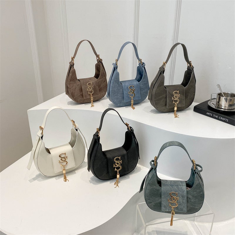 Vintage Washed Faux Suede Crescent Crossbody Bag Flip Cover With Metal Letter Logo & Tassel Pendant Adjustable Detachable Shoulder Strap Small Capacity Casual Handbag For Daily Shopping Weekend Gatherings Short Travel Street Style & Elegant Everyday Outfits - Image 2