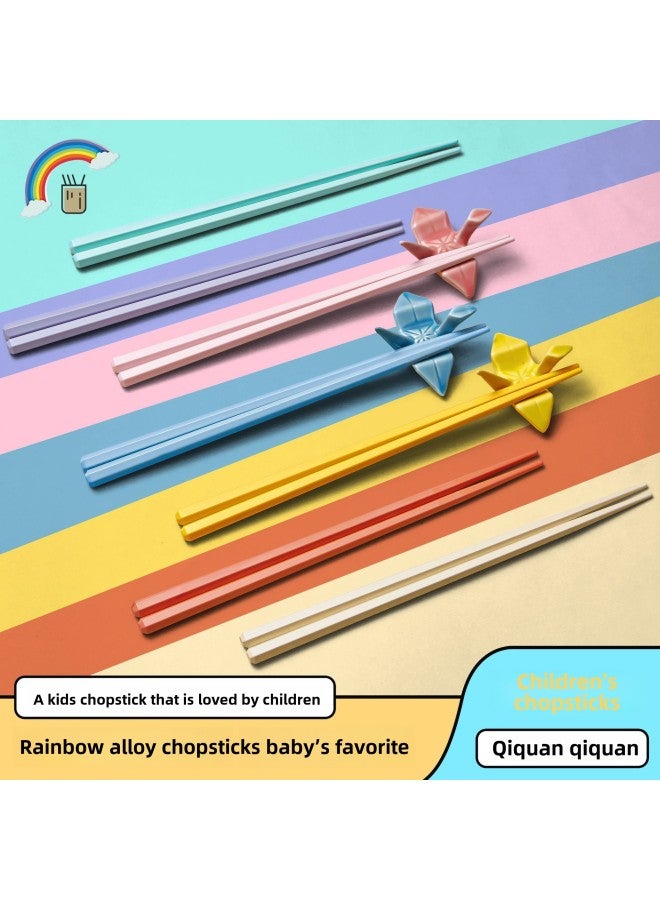 Ins High-value Rainbow Color Children's Hexagon Alloy Chopsticks High Temperature Resistant Non-mildew Portable Short Chopsticks-Color:Milk Yellow (opp Bag)  - Image 2