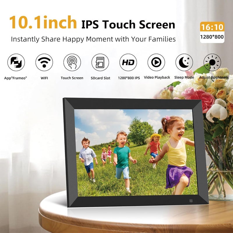 بوصة واي فاي إطار الصور الرقمية بنيت في ذاكرة 32 جيجا بايت، 1280x800 IPS شاشة اللمس LCD، الدوار التلقائي والصوت، سريع وسهل مشاركة الصور أو الفيديو عن طريق تطبيق Frameo، بنيت في كاشف الحركة الذكي - Image 2