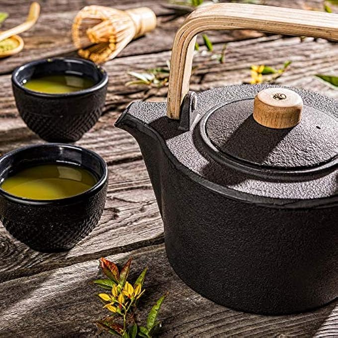 rayihni 43 Ounce Japanese Teapot 1 Enamel Coated Japanese Tea Kettle  With Wooden Handle And Knob Includes Mesh Strainer Black Cast Iron Primitive Kettle For Teabags  Loose Leaf Tea - Image 3