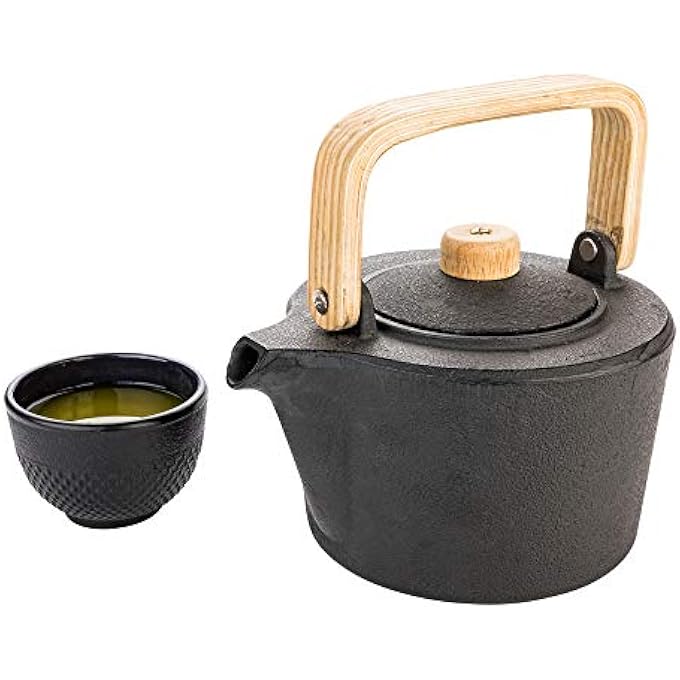 rayihni 43 Ounce Japanese Teapot 1 Enamel Coated Japanese Tea Kettle  With Wooden Handle And Knob Includes Mesh Strainer Black Cast Iron Primitive Kettle For Teabags  Loose Leaf Tea - Image 1