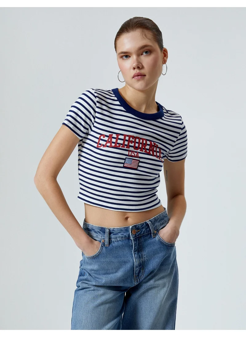 KOTON Crop T-Shirt Short Sleeve Crew Neck Ribbed Cotton