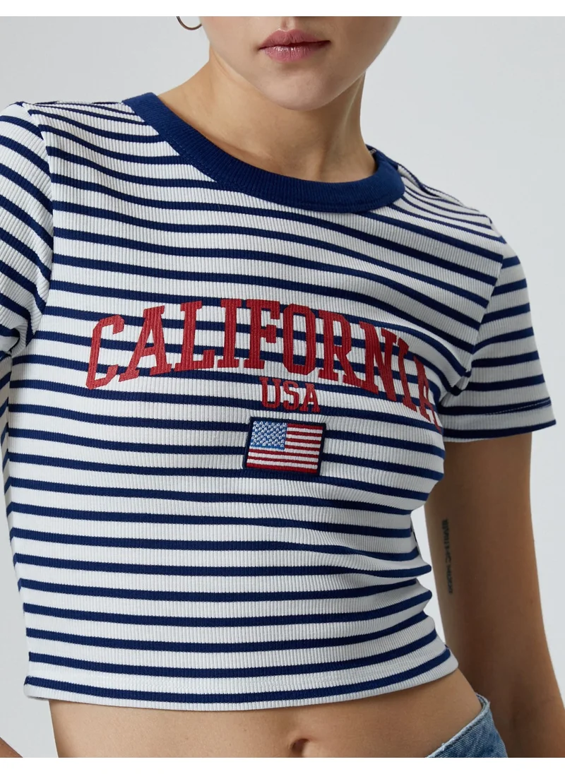 KOTON Crop T-Shirt Short Sleeve Crew Neck Ribbed Cotton