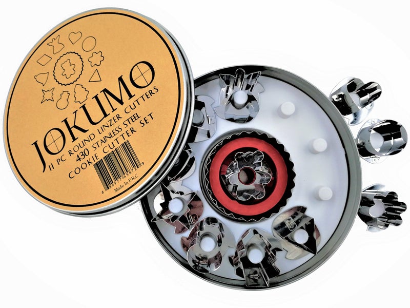 JOKUMO 11 Piece Round Linzer Cookie Cutter Set  High Grade 430 Stainless Steel  with Storage Tin