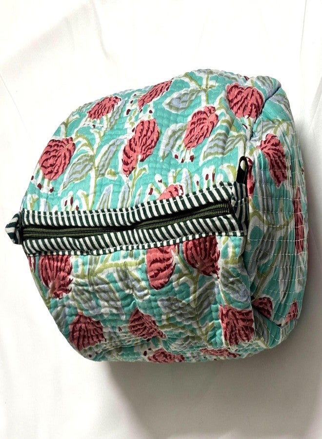 Bumbleberry Set of 3 Jaipur Textiles Multipurpose Quilted Pouches I Travel Organiser Kit I Pure Cotton I Waterproof Inner Linning | Hand-Block Printed I Firozi I Beautiful Floral Design Pattern - Image 5