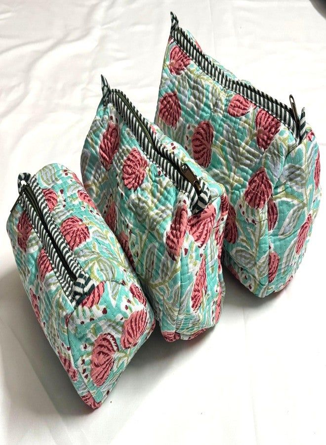 Bumbleberry Set of 3 Jaipur Textiles Multipurpose Quilted Pouches I Travel Organiser Kit I Pure Cotton I Waterproof Inner Linning | Hand-Block Printed I Firozi I Beautiful Floral Design Pattern - Image 3