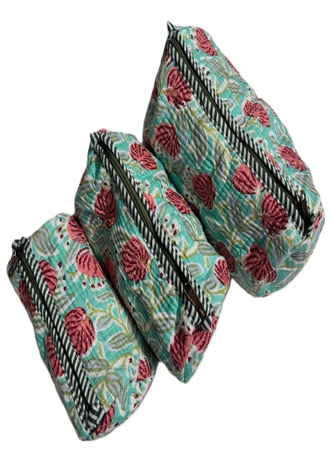 Bumbleberry Set of 3 Jaipur Textiles Multipurpose Quilted Pouches I Travel Organiser Kit I Pure Cotton I Waterproof Inner Linning | Hand-Block Printed I Firozi I Beautiful Floral Design Pattern - Image 2