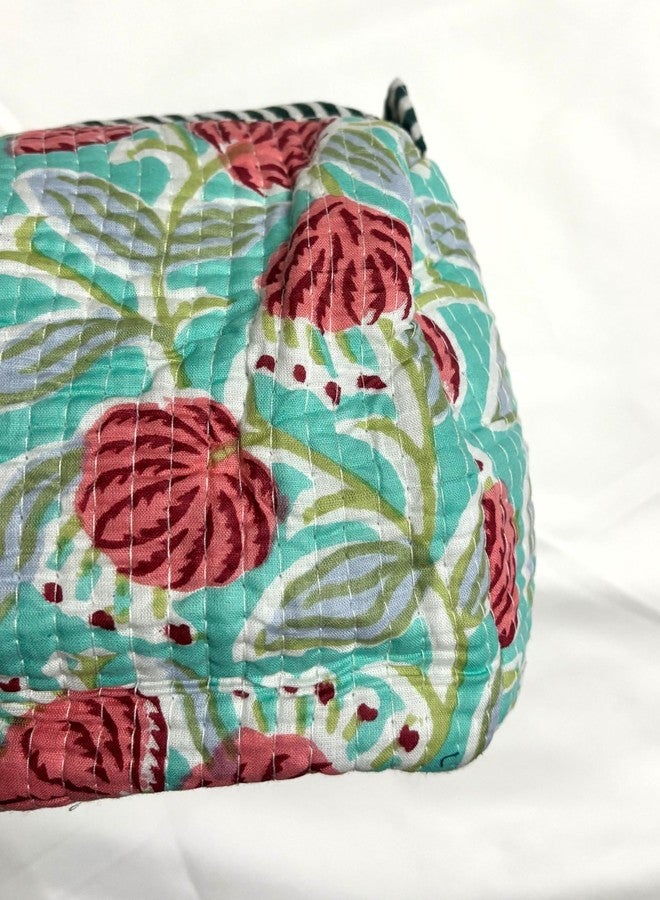 Bumbleberry Set of 3 Jaipur Textiles Multipurpose Quilted Pouches I Travel Organiser Kit I Pure Cotton I Waterproof Inner Linning | Hand-Block Printed I Firozi I Beautiful Floral Design Pattern - Image 4