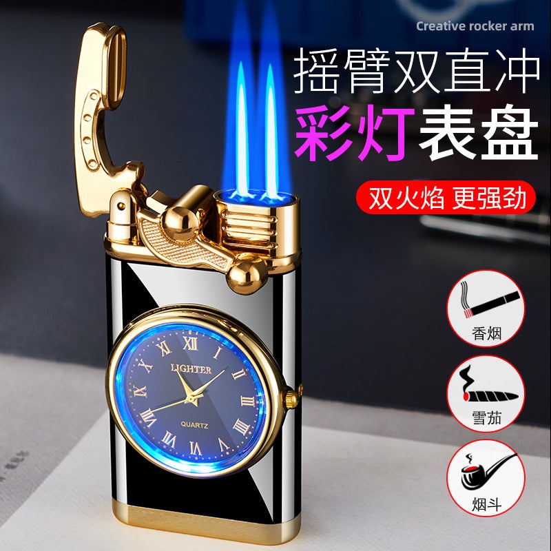 Metal Rocker Arm Double Fire Lantern Lighter Flushable Windproof Double Straight Belt Watch Advertising Gift Cross-Mirror - Image 2