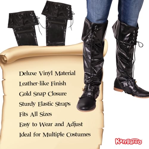 Kangaroo 1 Pair of Deluxe Black Pirate Boots Covers - Adjustable Faux Leather Costume Shoe Covers - Reusable Dress Up Pirate Accessories, Halloween Costume Boot Apparel Cover - Image 4