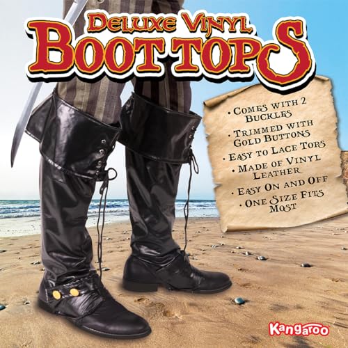 Kangaroo 1 Pair of Deluxe Black Pirate Boots Covers - Adjustable Faux Leather Costume Shoe Covers - Reusable Dress Up Pirate Accessories, Halloween Costume Boot Apparel Cover - Image 2
