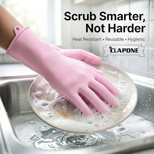CLAPONE Gloves for Washing Dishes/Hand Gloves for Kitchen/Kitchen Gloves for Dishwashing/Dish Washing for Women/Cleaning/Rubber Scotch/Home Essentials Products/Silicone/cooking/Bathroom/Car-Pink - Image 3