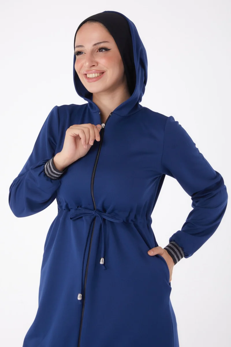 Tofisa Plain Hooded Collar Women's Navy Blue Coat - 13050